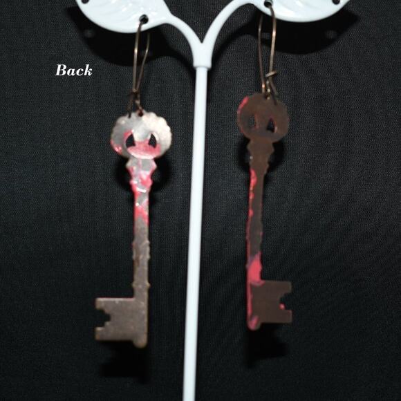 Vintage Red Enamel Key Earrings, Rustic Artisan Long Ear Wire Earrings, 3 1/2" - Picture 5 of 10